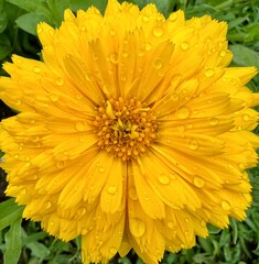 Beautiful yellow calendula flower with bright petals, raindrops flaunts on a sunny day. Beautiful flowering in the summer, photo front view, close-up.