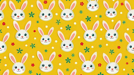 Obraz premium Happy Easter Rabbits Seamless Pattern, Bright Yellow Background, Copy Space