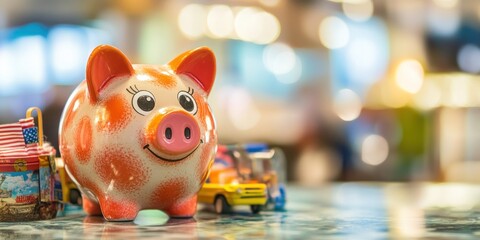 Obraz premium Cute piggy bank with toy cars, saving money concept.