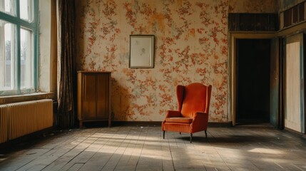 Sunlit orange armchair in abandoned room with floral wallpaper, wooden floors, and old cabinet.