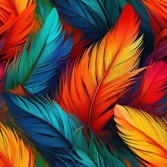 Obraz premium A bold and vibrant seamless pattern showcasing intricately detailed feathers in striking shades of red, blue, orange, and green, forming a dynamic and textured design.