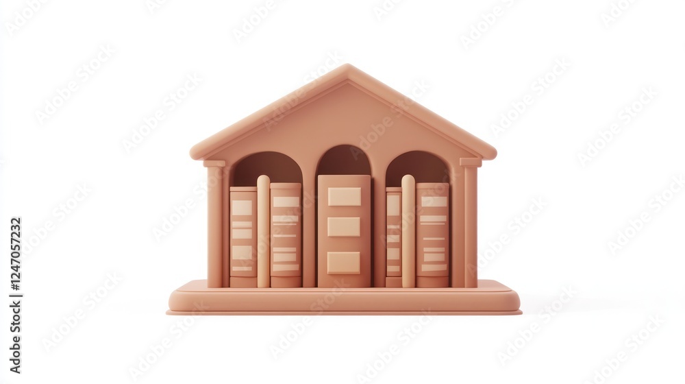 Poster 3d render of a minimalist library building icon with bookshelves.