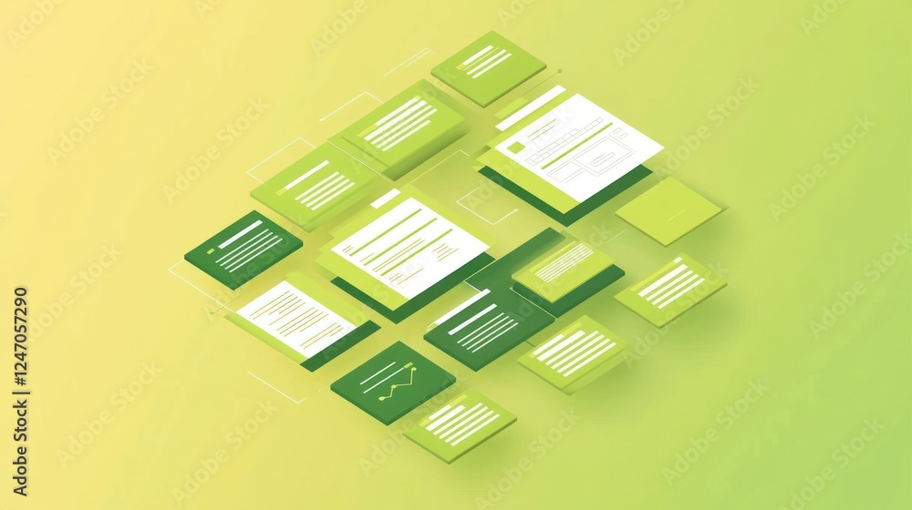 Aufkleber abstract green isometric data blocks, interconnected, representing information network or system.
