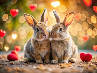 Fototapeta premium Happy Valentine's Day Rabbits Hugging - Cute Couple Documentary Style