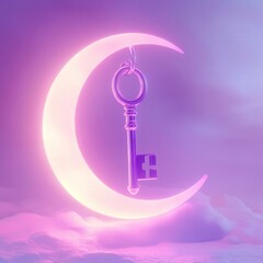 Key suspended in a glowing crescent moon against a mystical backdrop