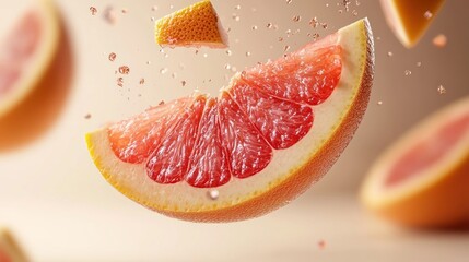 Juicy grapefruit slices levitate, splashing water droplets.