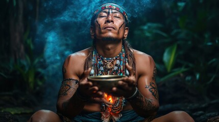 A tribal shaman performing a sacred Ayahuasca ceremony at night, holding a ceremonial bowl while chanting, surrounded by soft glowing firelight and dense jungle vegetation