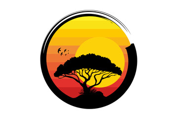 Acacia tree logo silhouette, African Safari sunset icon, Nature, exotic plant for printing, design or digital art. Black round circle symbol isolated on white background