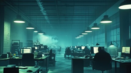 Dark, moody office space at night with employees working at computers.