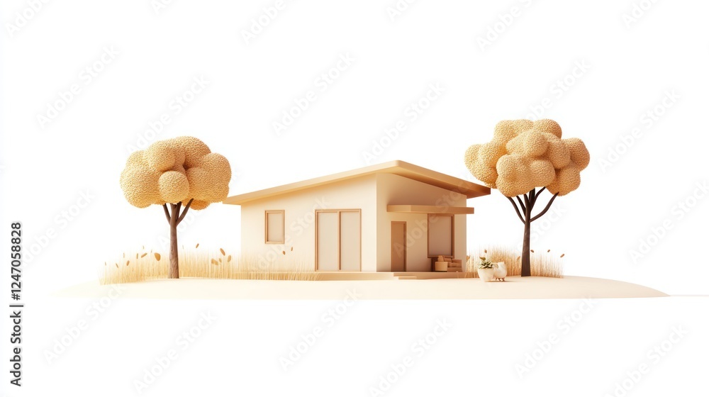 Poster minimalist 3d render of a small house with trees and grass.