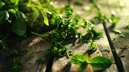Fototapeta premium fresh green leaves on wooden background