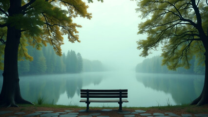 Obraz premium Scenic lakeside bench overlooking calm water with vibrant autumn foliage and foggy forest in a peaceful landscape