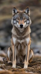Fototapeta premium A majestic gray wolf sits majestically on rocky terrain, staring intensely at the camera.