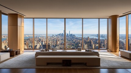 Luxurious apartment with panoramic city view from floor-to-ceiling windows.