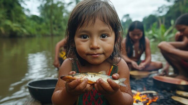 A young Amazonian child standing on a riverbank, holding a small carved wooden toy, surrounded by a family of tribespeople preparing fish over an open fire