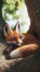 Obraz premium A red fox naps peacefully in the sunlit hollow of a large tree.