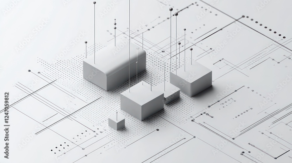Poster abstract 3d rendering of white cubes and lines on a white surface.