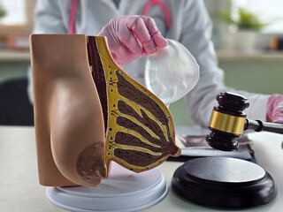 Doctor examines breast anatomy model and silicone implants and a court hammer. Court with breast...