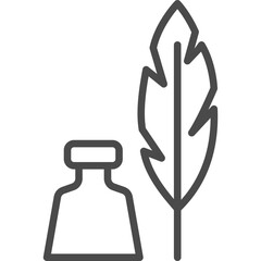 Feather and Ink Bottle. Line Art Sign. Vector Illustration with Single Outline Icon.