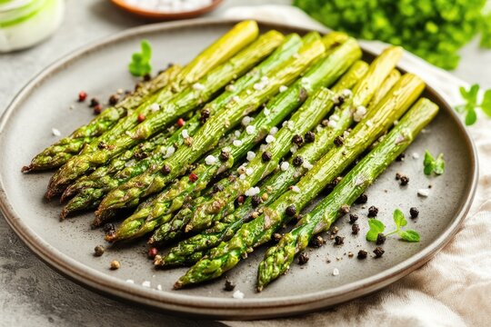 A delectable dish of seared asparagus spears topped with fresh peppercorns, served on a textured plate. This flavorful vegetarian option is both nutritious and satisfying.