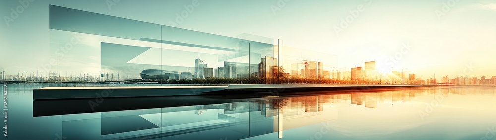 Canvas Prints Futuristic cityscape reflected in water at sunrise.