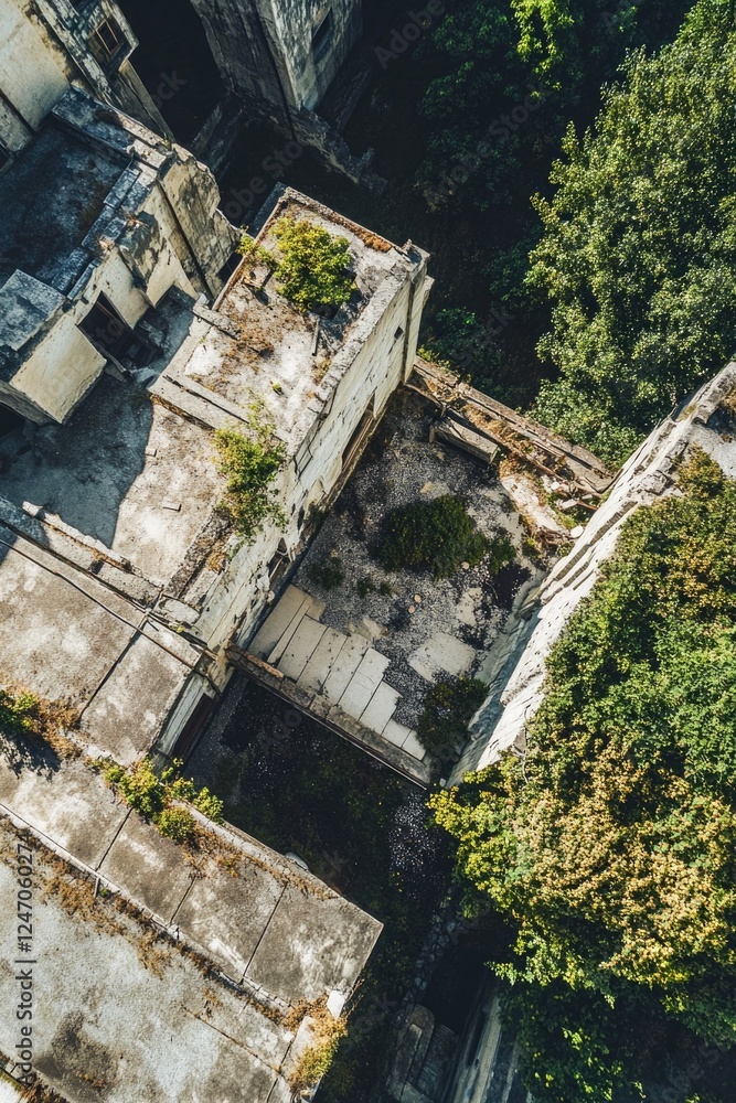 Poster dilapidated structures with vegetation growing through and around them.