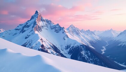 Obraz premium Soft pink light on snow covered mountain peaks, peaceful, snowy peaks