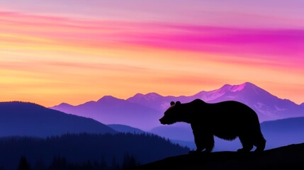 Majestic Bear Silhouetted Against a Colorful Sunrise - A captivating silhouette of a bear standing atop a ridge with vibrant mountains and a stunning gradient sky symbolizing nature's beauty