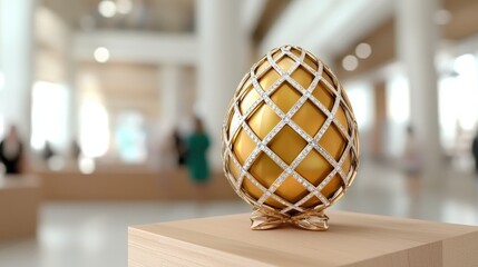 A beautifully crafted golden egg displayed in a modern art gallery, capturing the essence of elegance and artistry.