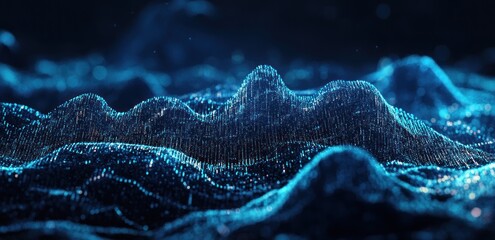Abstract blue digital landscape of particles forming waves and hills.