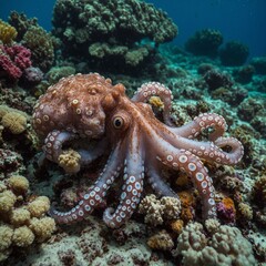 Colorful tropical fish on a coral reef, amazingly beautiful fairy world. In the coral gardens of the Red Sea. Unterwasser. CAMERA. Travel in Taiwan A colorful octopus camouflaged among coral.