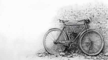 hand drawn pencil sketch of a vintage bicycle leaning against an old grungy brick wall in an urban industrial setting  The bicycle has a classic antique design with a worn weathered appearance