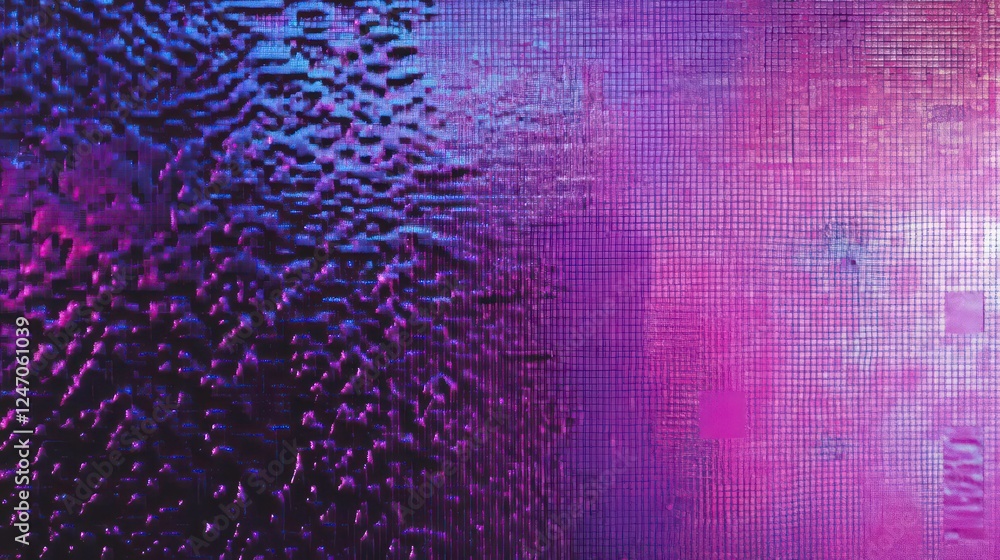 Poster an abstract purple pixel texture serves as the background for a video screen, complemented by a tv p