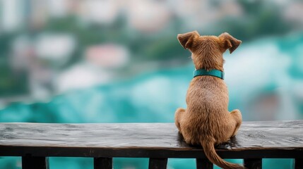A curious dog gazes at the city from a wooden railing, embodying the spirit of exploration and adventure in an urban landscape.
