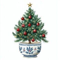 Festive Christmas tree decorated with ornaments, lights, and a star atop in a decorative pot