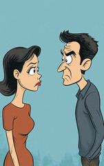 Cartoon-Style Illustration of a Man and Woman in Conflict, Facing Each Other with Angry Expressions and Crossed Arms, Relationship Disagreement Concept