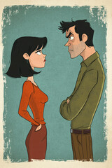 Cartoon-Style Illustration of a Man and Woman in Conflict, Facing Each Other with Angry Expressions and Crossed Arms, Relationship Disagreement Concept