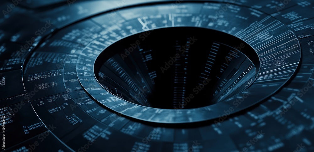 Poster abstract digital data vortex; swirling code in a dark funnel.