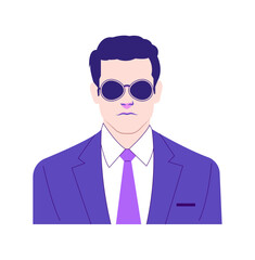 Minimalist vector illustration of a confident businessman wearing a purple suit, tie, and sunglasses. The character has a professional and stylish appearance, ideal for corporate or security themes.