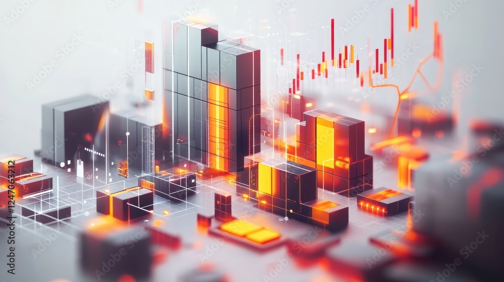 Poster abstract 3d rendering of glowing cubes and data charts, representing financial growth or technologic