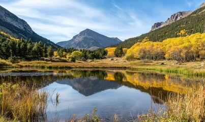 Fototapeta premium A serene landscape featuring a calm lake surrounded by mountains and vibrant autumn foliage reflecting on the water's surface.