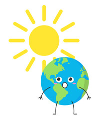 Planet Earth cute character cartoon afraid of heat very hot big sun vector illustration. Weather.