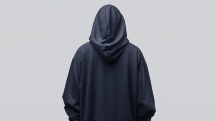 Rear view of a person wearing a dark blue hoodie with a hood.