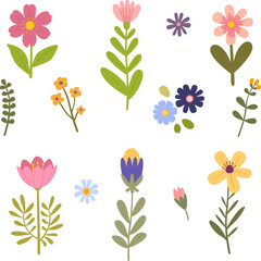 Collection of spring colorful flower elements vector. Beautiful romantic flower set. Spring art print with botanical elements.
