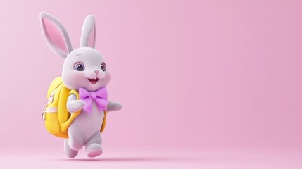 Fototapeta premium Cute cartoon bunny with backpack running on pink background.