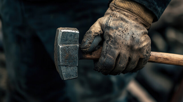 Close-up of worker's gloved hand gripping heavy sledgehammer during manual labor in industrial setting - Powered by Adobe