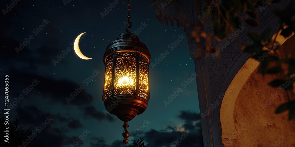 Aufkleber a lantern with a crescent moon hanging from it. the lantern is lit up and the moon is shining bright