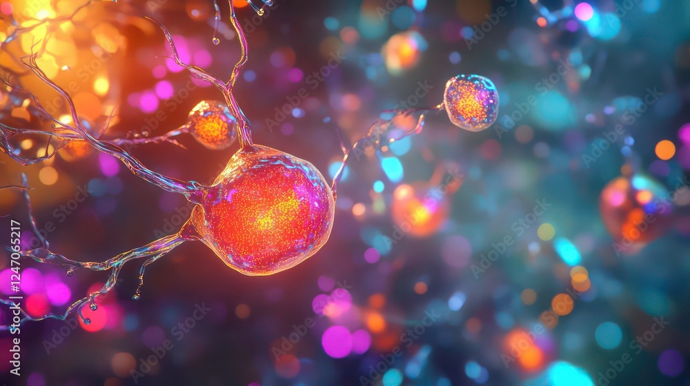 Poster A 3D illustration of a neural network. Concepts of big data and cybersecurity. Data flow. A global database and imagery. A vibrant, colorful background with a bokeh effect.