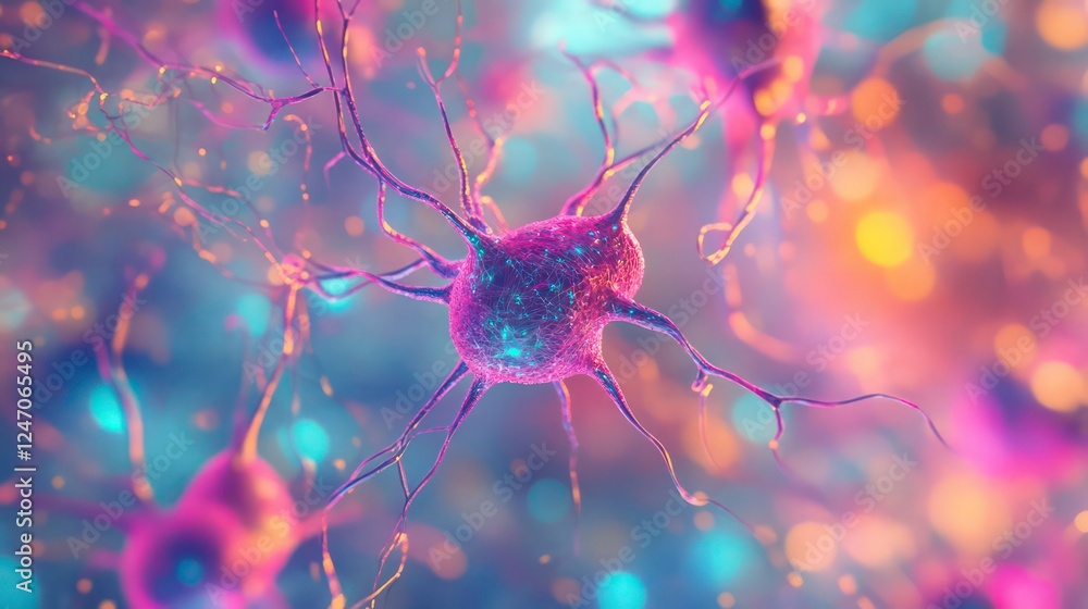 Poster A 3D illustration of a neural network. Concepts of big data and cybersecurity. Data flow. A global database and imagery. A vibrant, colorful background with a bokeh effect.
