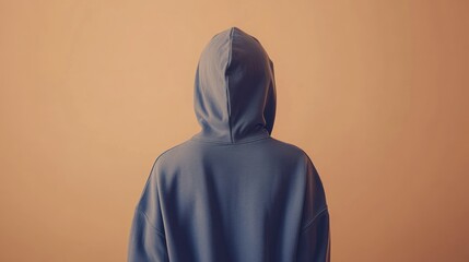 Rear view of person wearing a blue hoodie against a muted orange background.